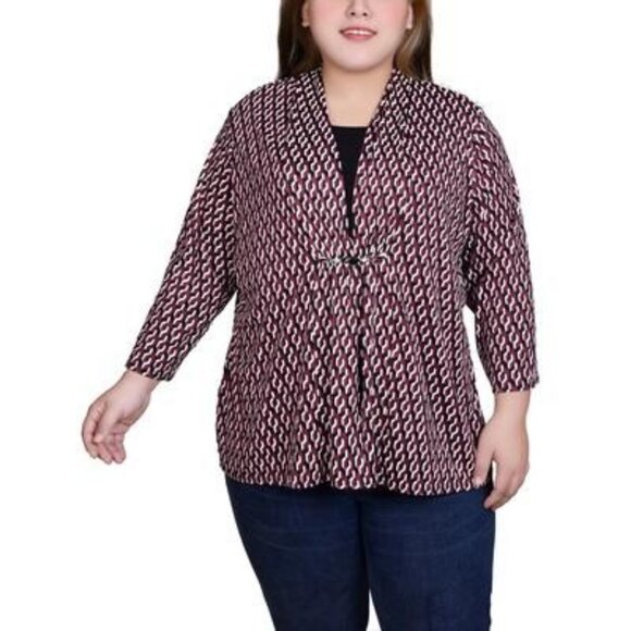 NY Collection Womens Plus Puff Print 3/4 Sleeve Top Maroon Bla Size 2X NWT - Picture 1 of 1